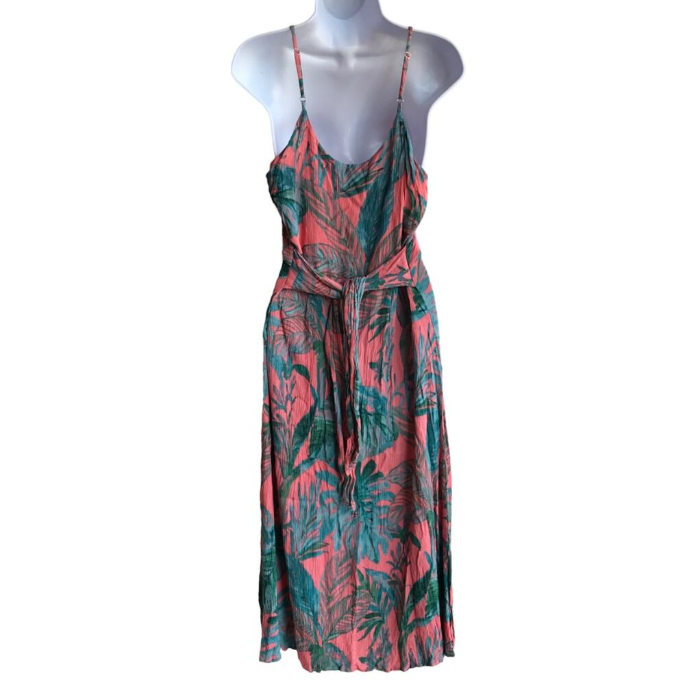 Cynthia Rowley Coral and Green Crinkle Fabric Slip Dress with Side Ties size 12 - Picture 7 of 10
